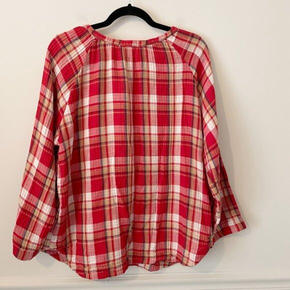 CP Shades Plaid 100% Cotton Gauze Popover Top Red Size S Fall Boho Western USA - Picture 2 of 7